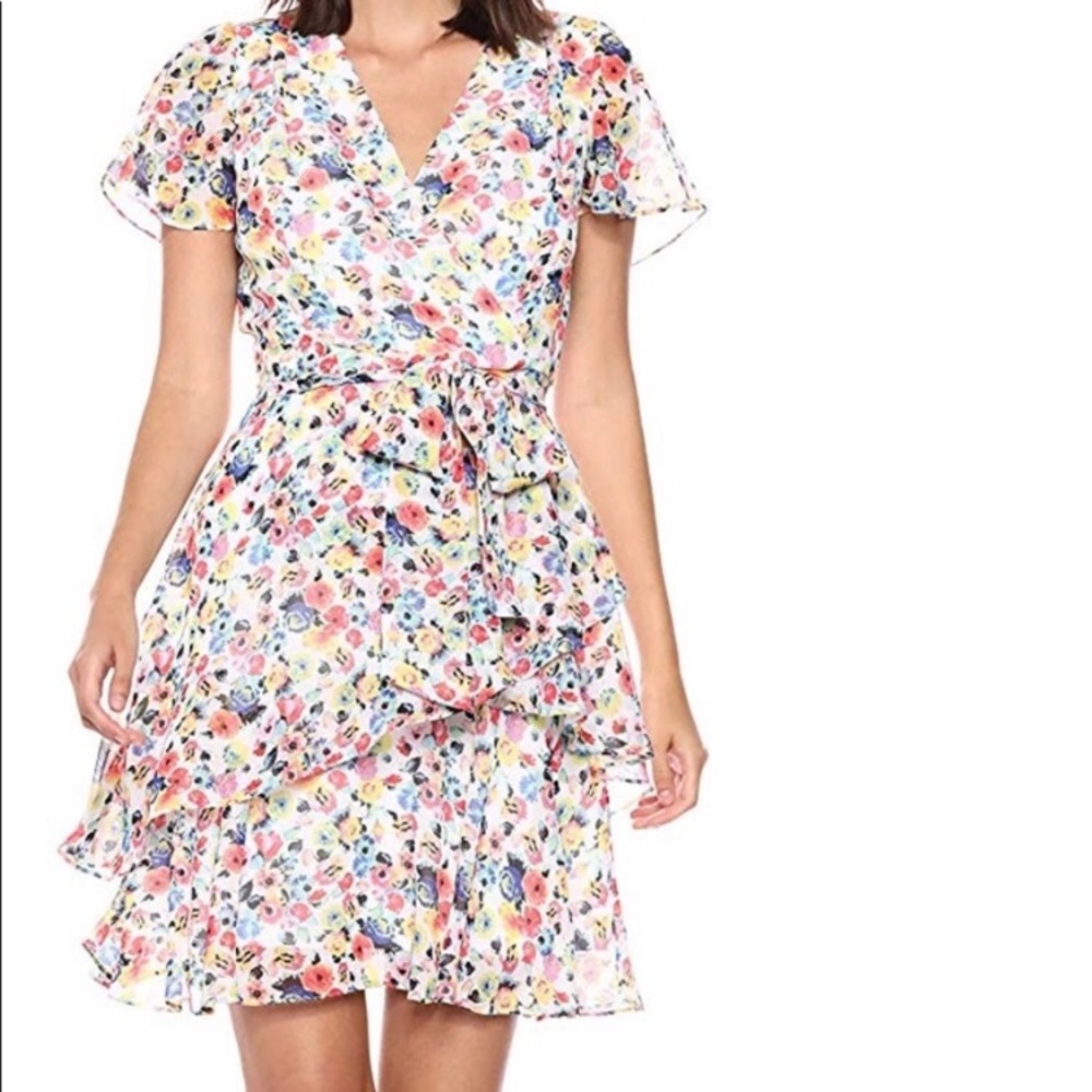 Tahari Floral Dress with Ruffle Sleeves SZ8